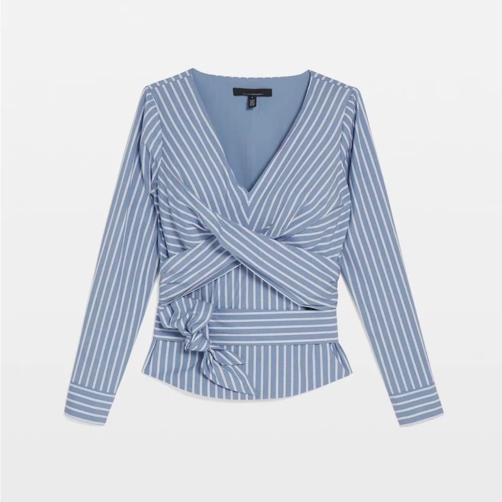 WHBM twist front tie waist blouse. Blue white stripped. Long sleeved. Size 10